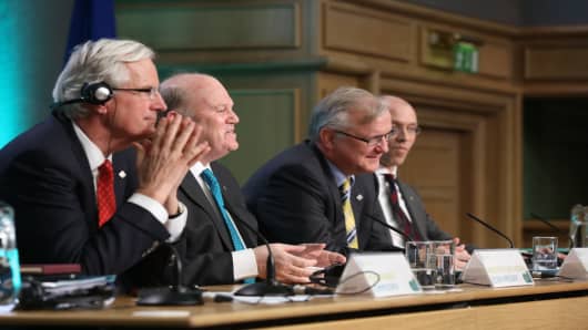 Michel Barnier, Commisioner for Internal Market and Services; Minister for Finance Michael Noonan, Olli Rehn, the European Commision Vice President, and Jorg Asmussen, Member of the Executive Board, at the Eurogroup meeting of ECOFIN Ministers in Dublin.